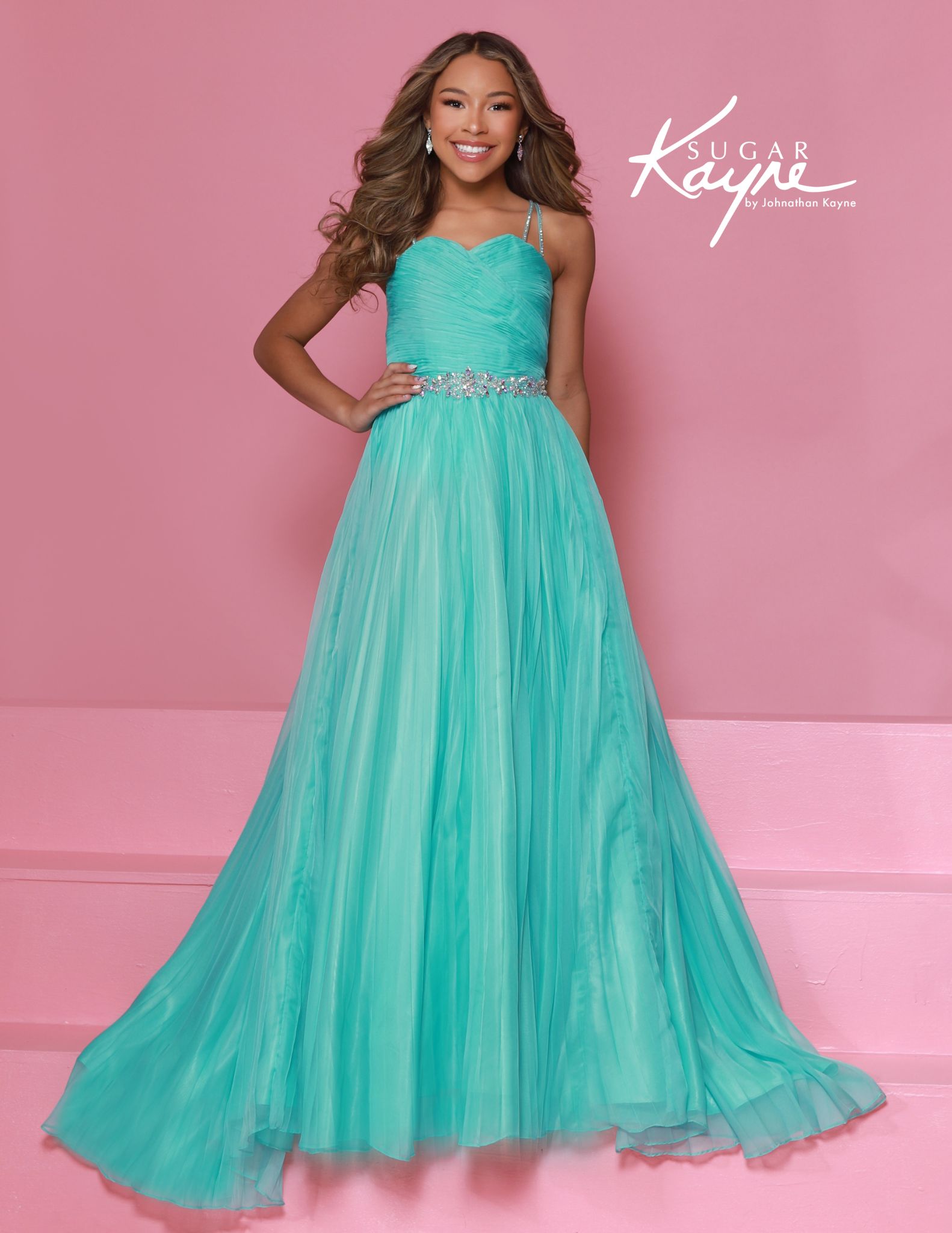 Aqua pleated pageant gown with sweetheart neckline, double straps, and jeweled waistband, perfect for girls' runway or formal wear.